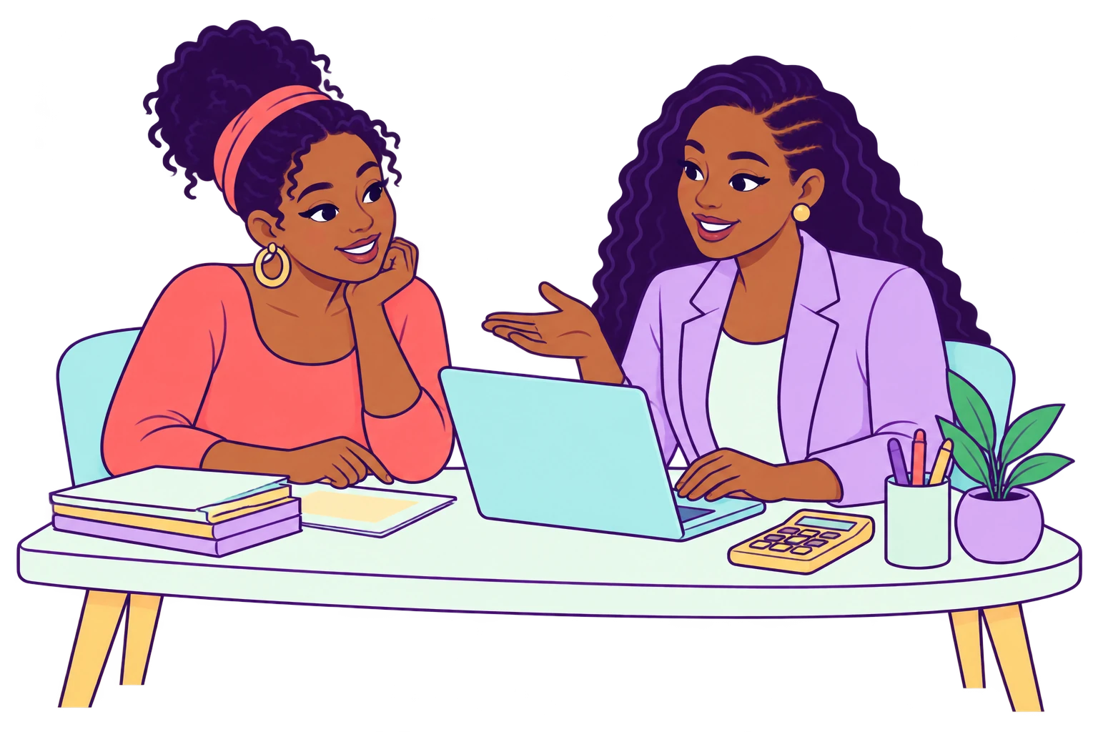 An illustrated business consultation with documents, a laptop and calculator
